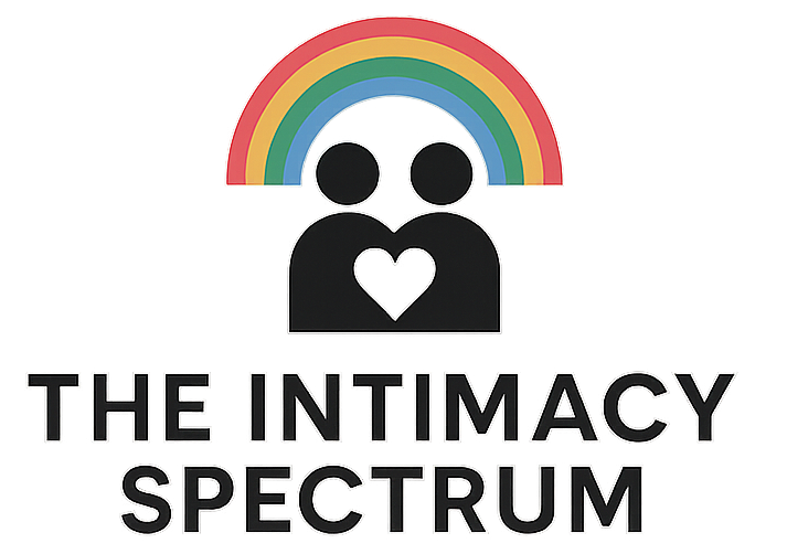 Logo for The Intimacy Spectrum, featuring two simple people icons holding a heart under a rainbow arc, symbolizing queer and neurodivergent intimacy coaching
