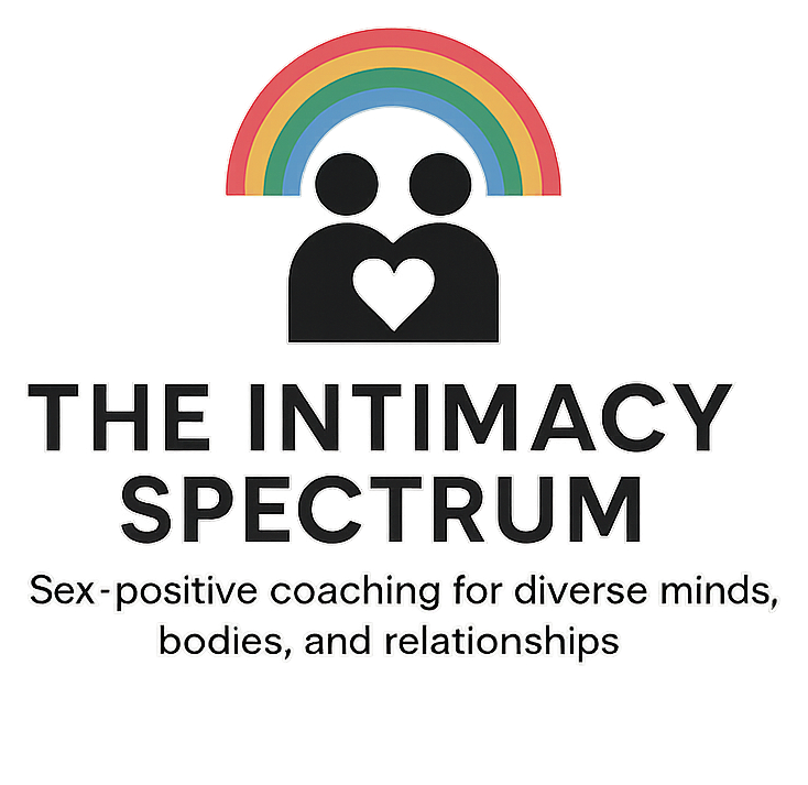 Logo for The Intimacy Spectrum, featuring two simple people icons holding a heart under a rainbow arc, symbolizing queer and neurodivergent intimacy coaching